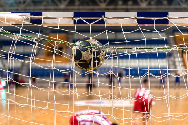 Der Handball auf dem Tor.