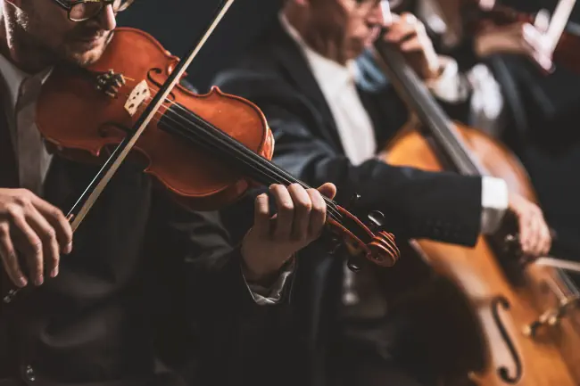 Professionelles Symphonisches Streichorchester, das auf der Bühne spielt und ein klassisches Musikkonzert spielt, Geiger im Vordergrund